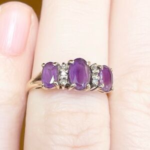 Vintage oval cut purple amethyst diamond triplet 14k solid yellow gold ring‌‌‌